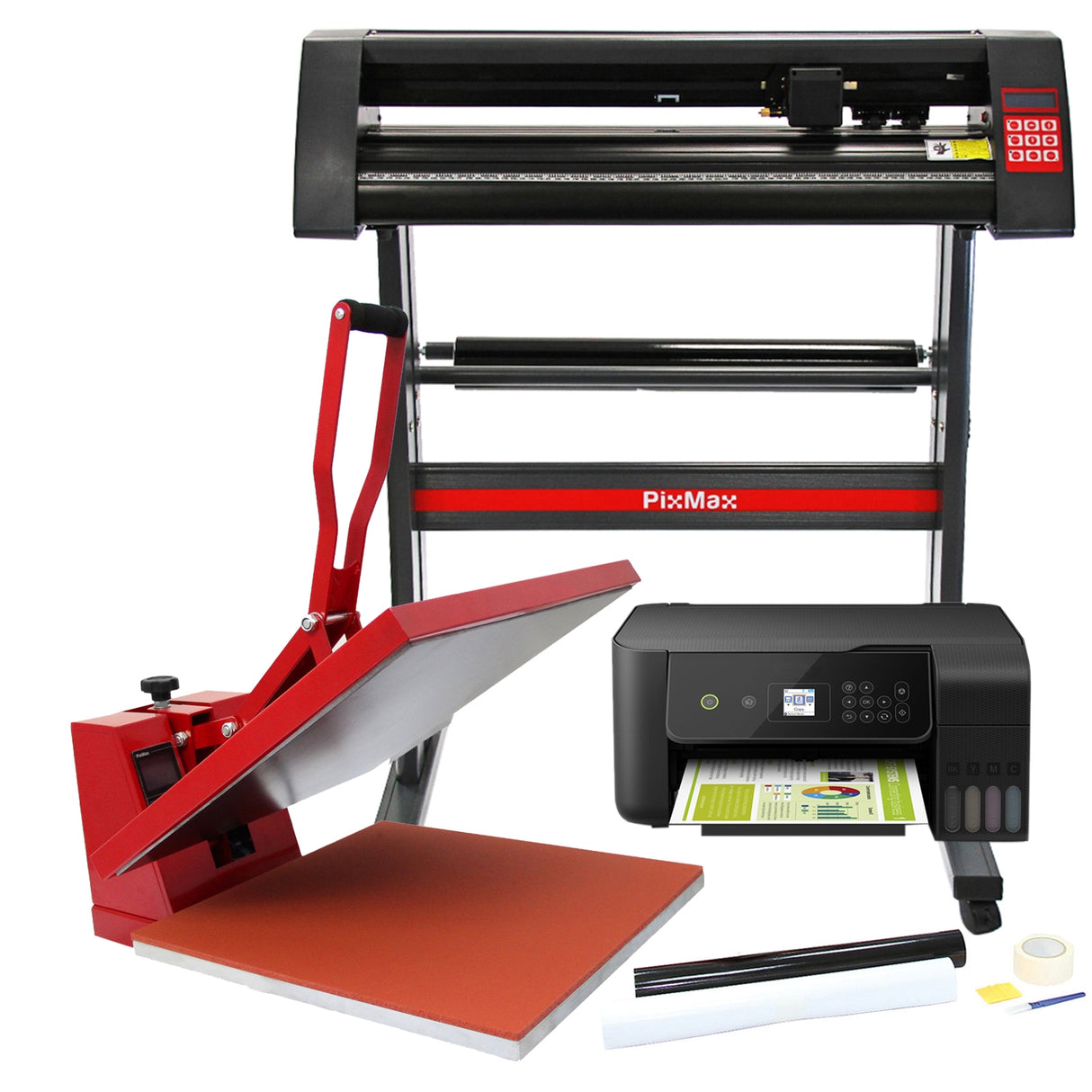 Pressa a caldo rossa e nera, plotter da taglio, stampante e accessori per sublimazione su magliette, design professionale e funzionale