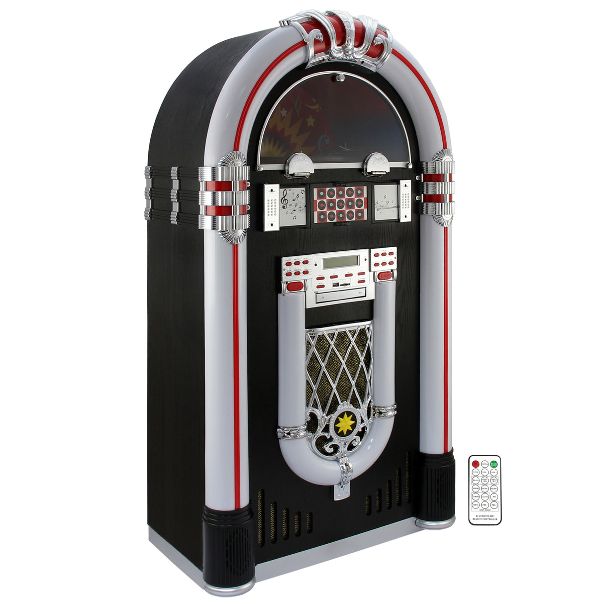 Jukebox Anni '50 con Vinile, CD, USB, Bluetooth, SD/MMC Memory Card, Radio FM e AUX