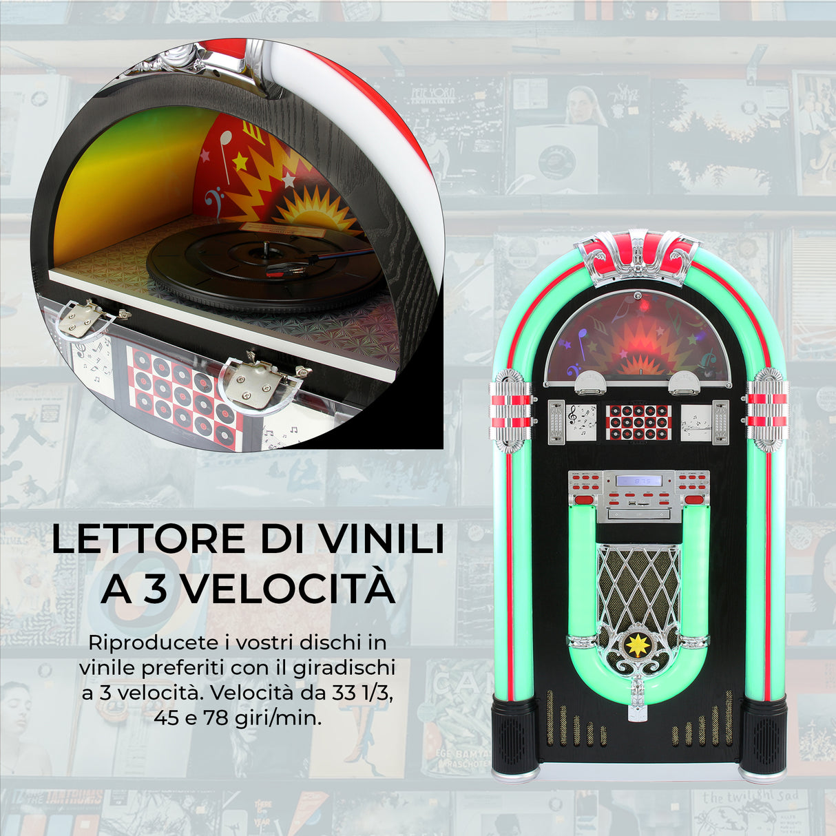 Jukebox Anni '50 con Vinile, CD, USB, Bluetooth, SD/MMC Memory Card, Radio FM e AUX