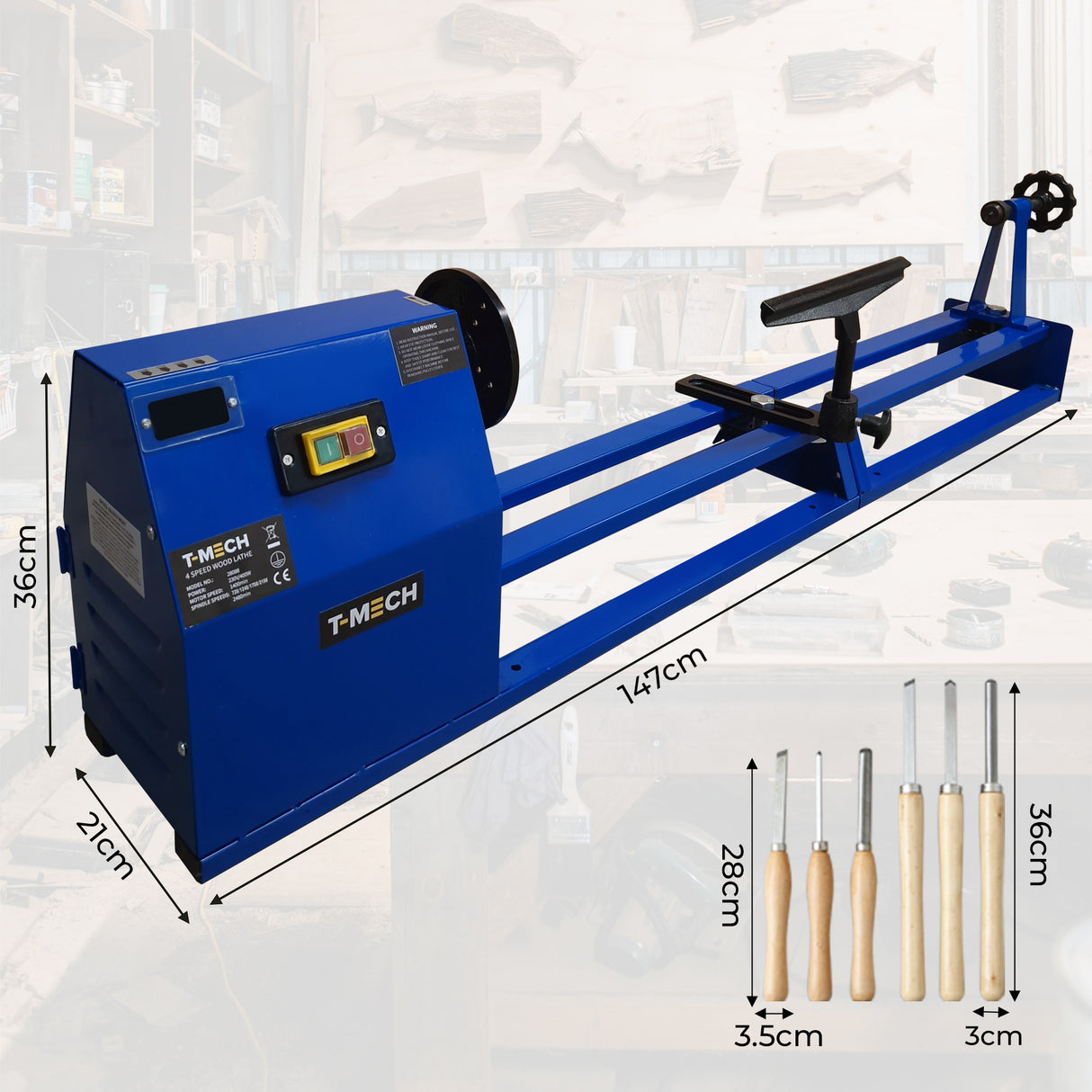 Tornio da legno T-Mech blu con dimensioni dettagliate, manovella nera e strumenti in legno, ideale per lavorazioni artigianali di precisione