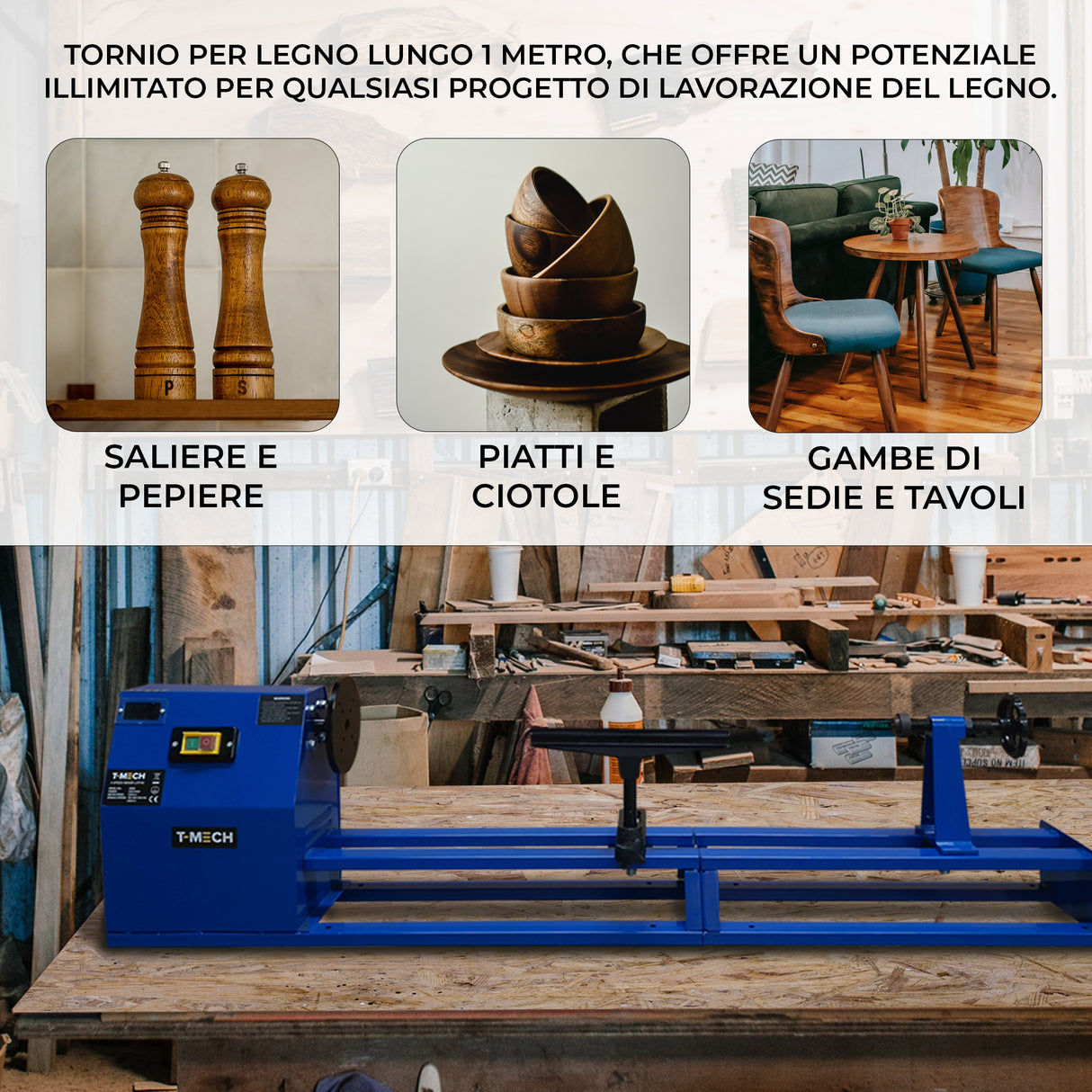 Tornio da legno T-Mech blu su un banco di lavoro in legno, con attrezzature per la lavorazione del legno e oggetti in legno decorativi