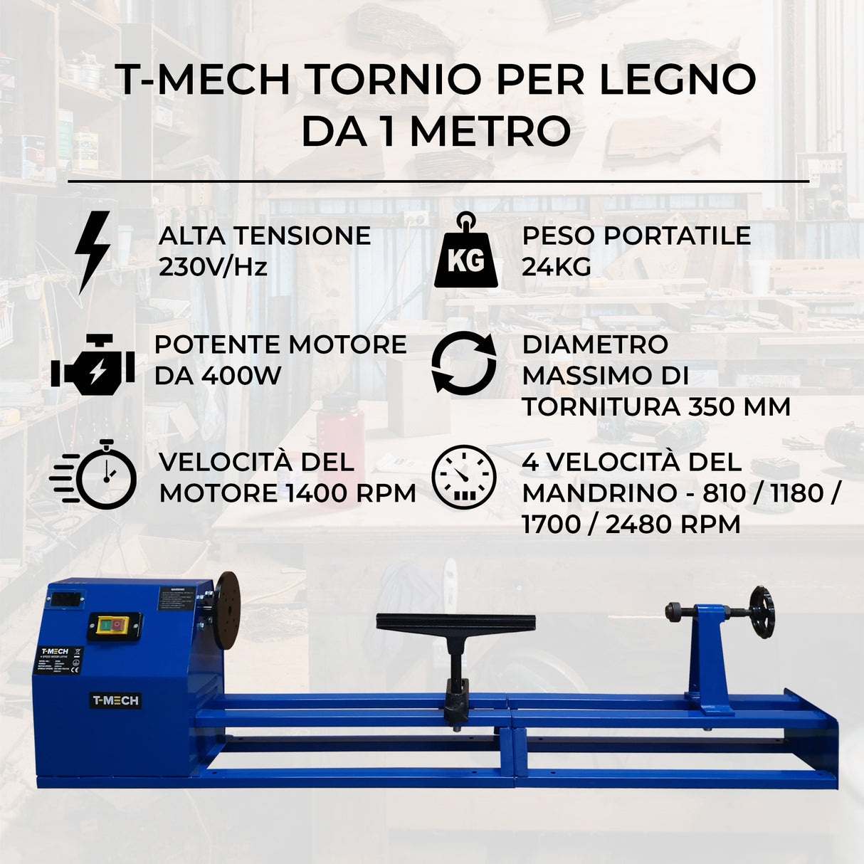 Tornio da legno T-Mech blu con motore potente, dettagli tecnici, peso portatile e diametro di tornitura di 350 mm
