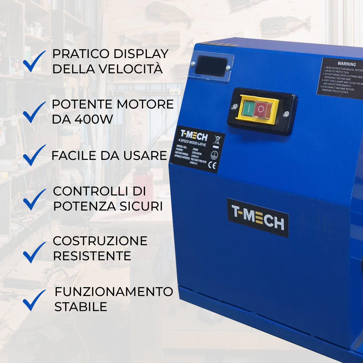Tornio da legno T-Mech con display della velocità, motore potente da 400W, controlli sicuri e costruzione resistente, colore blu brillante