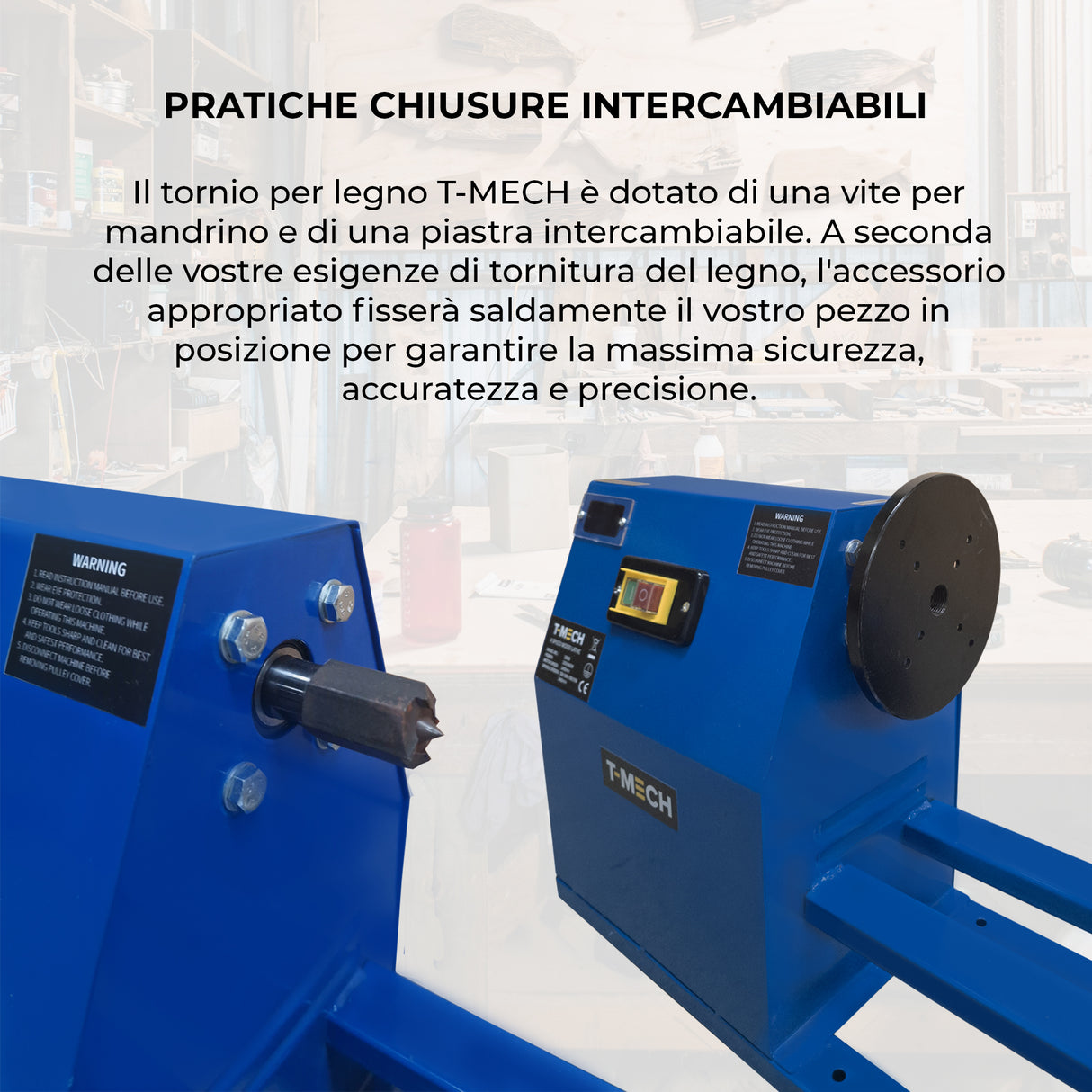 Tornio da legno T-Mech blu con mandrino e piastra intercambiabile, progettato per lavorazioni precise e sicure del legno