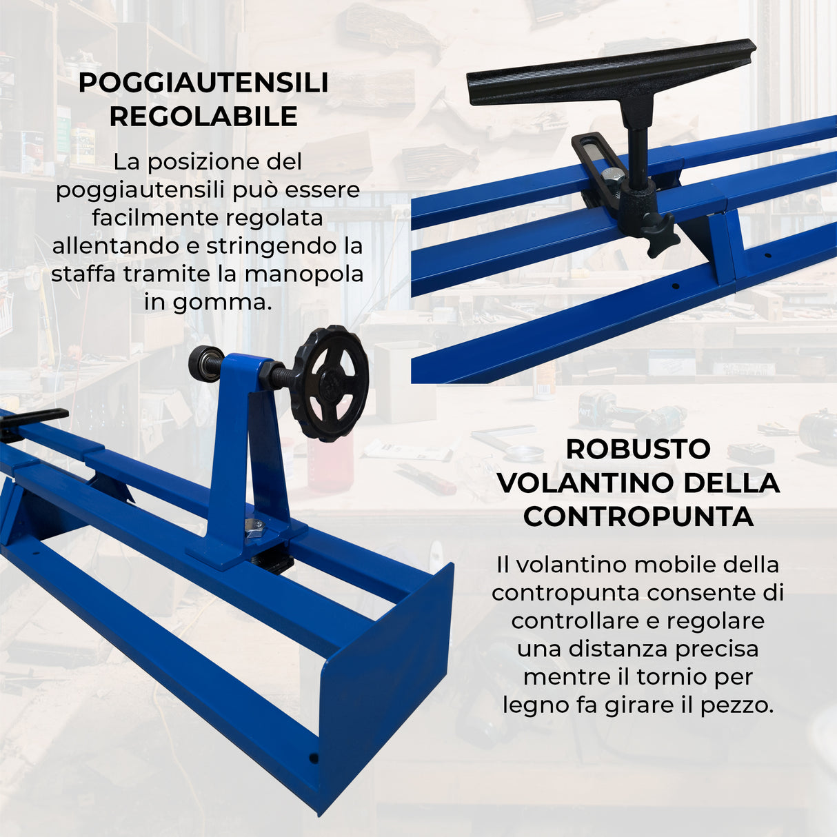 Tornio da legno T-Mech con struttura blu, manopola nera e volantino robusto per regolazione precisa della controparte