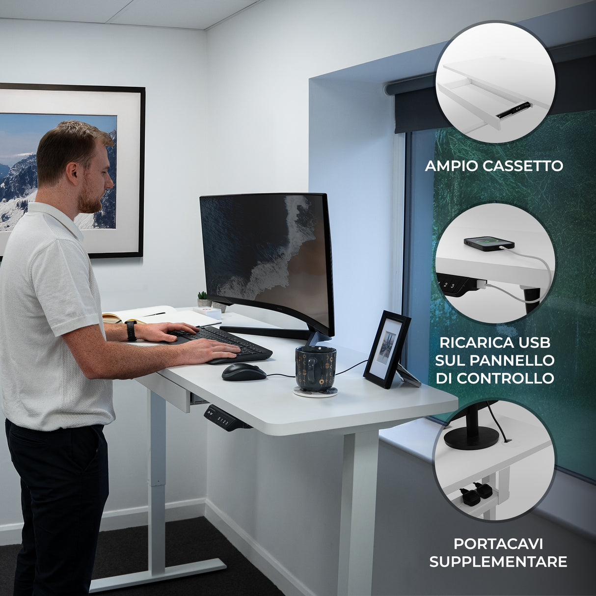 Scrivania Elettrica Regolabile con Cassetto - 160cm x 60cm