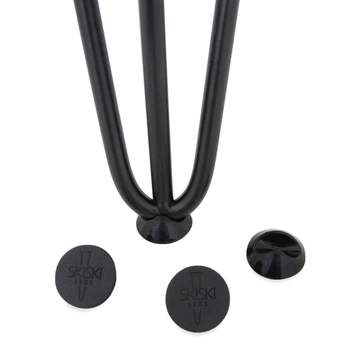 Piedini protettivi neri per gambe hairpin da 12 mm, in plastica resistente, con superficie liscia e logo inciso, ideali per mobili