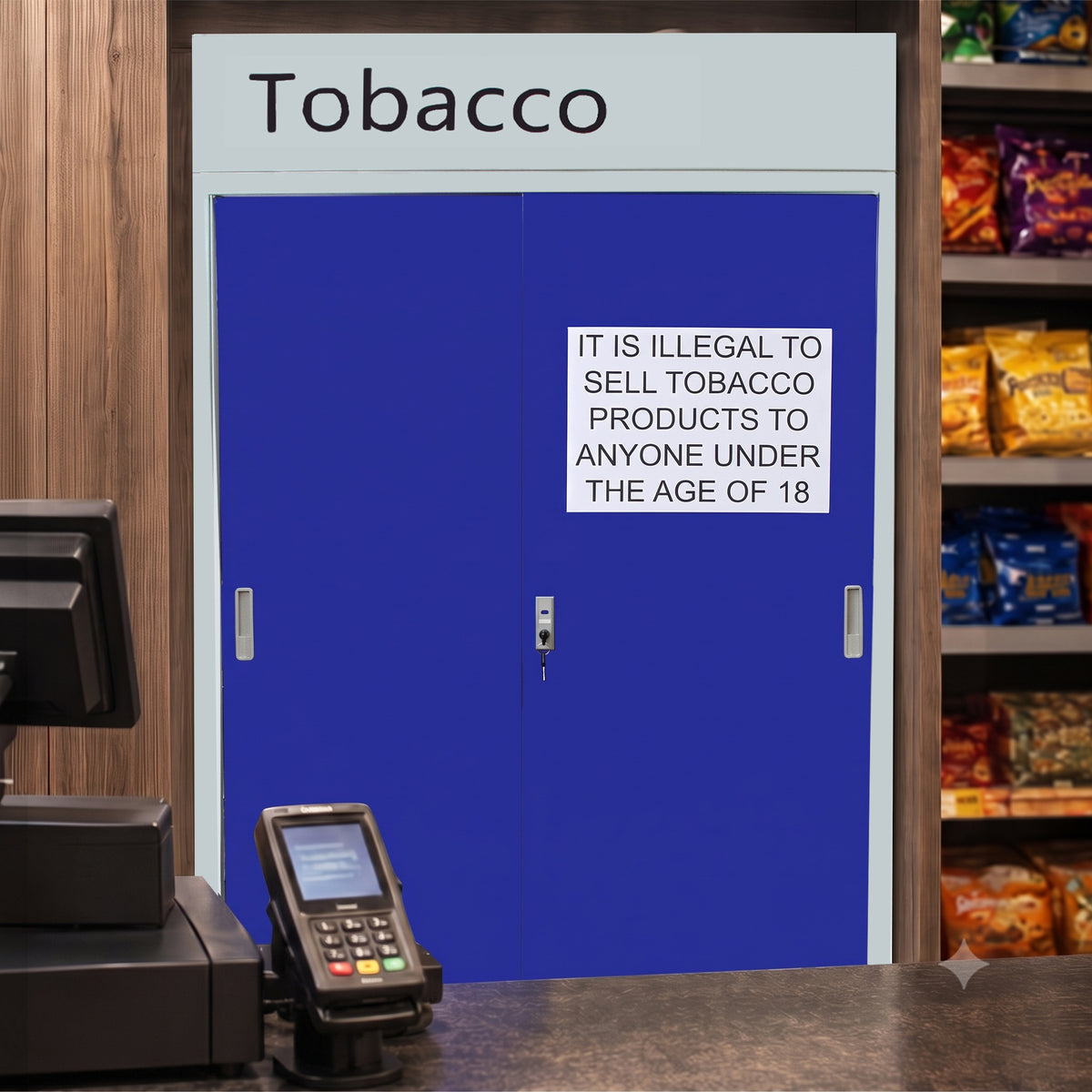 Porta blu con avviso legale sulla vendita di prodotti del tabacco, situata in un negozio con scaffali di snack sullo sfondo