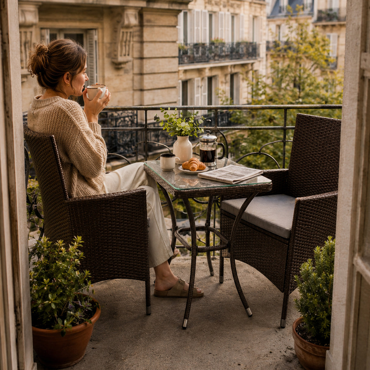 Set da bistrò Jardí in rattan Marrone