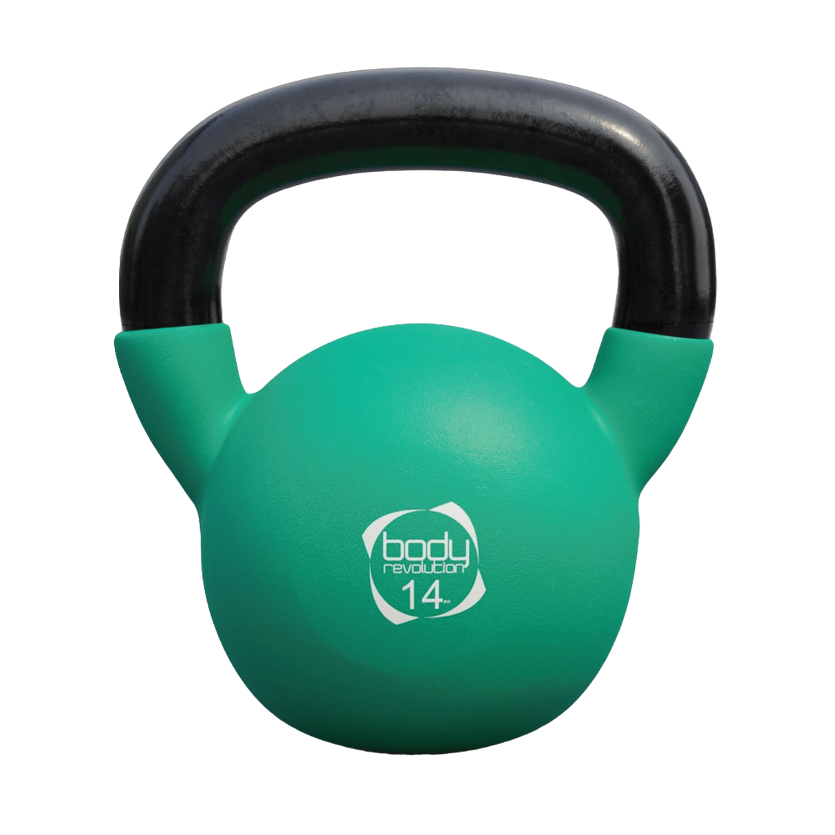 Kettlebell in neoprene verde acqua da 14 kg con manico nero, design ergonomico e superficie liscia per un grip sicuro durante l'allenamento