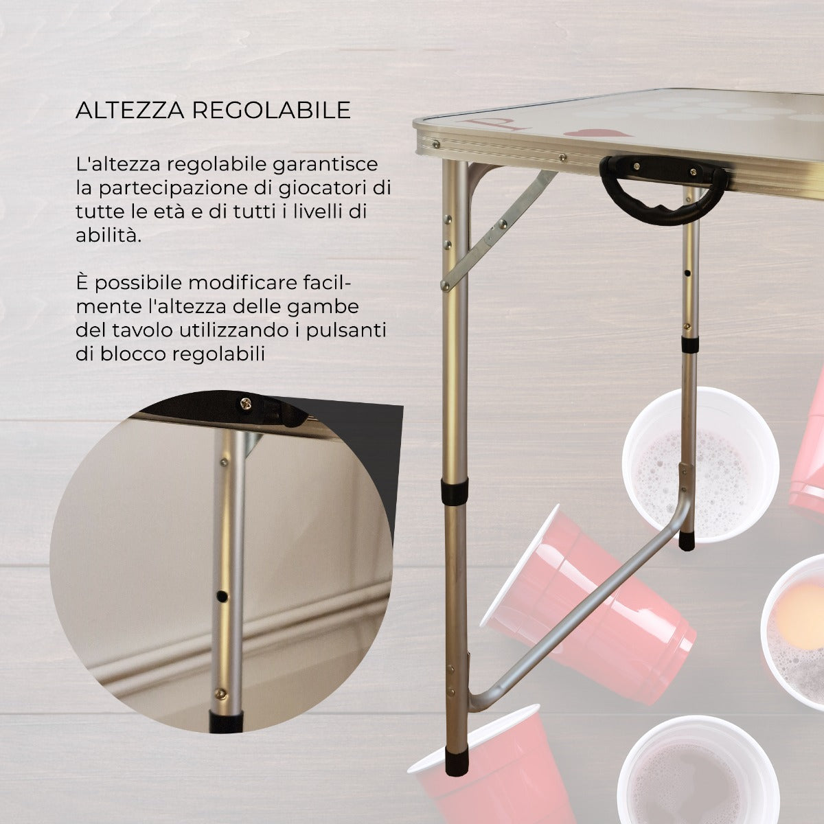 Tavolo da birra pong con superficie bianca, struttura in alluminio, altezza regolabile e maniglia per un facile trasporto
