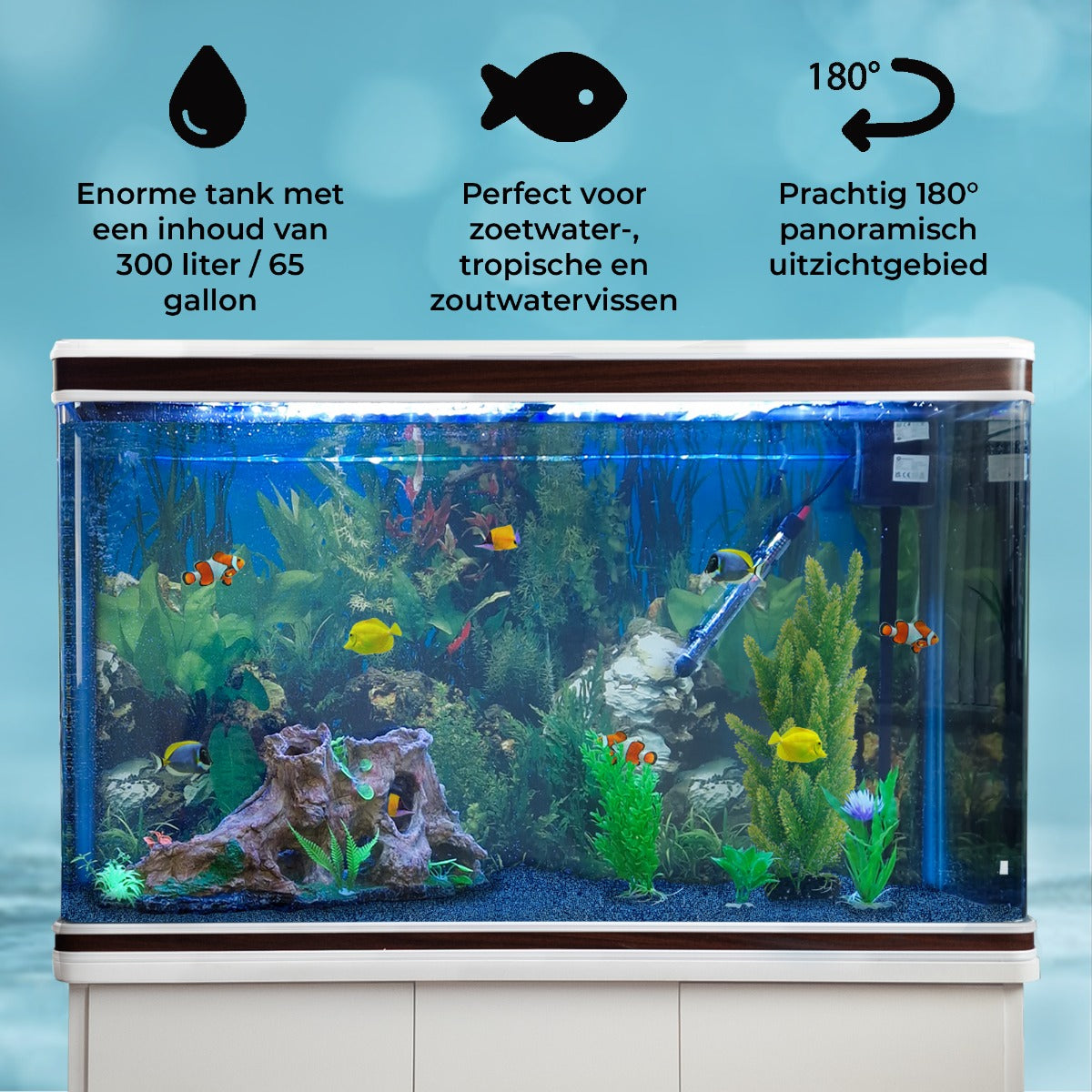 Acquario 300 Litri con Mobile Bianco e Kit con Ghiaia Blu