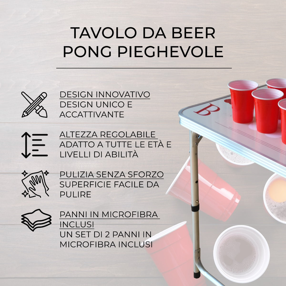 Tavolo da birra pong pieghevole con superficie bianca, struttura in metallo, e bicchieri rossi, ideale per feste e giochi all'aperto