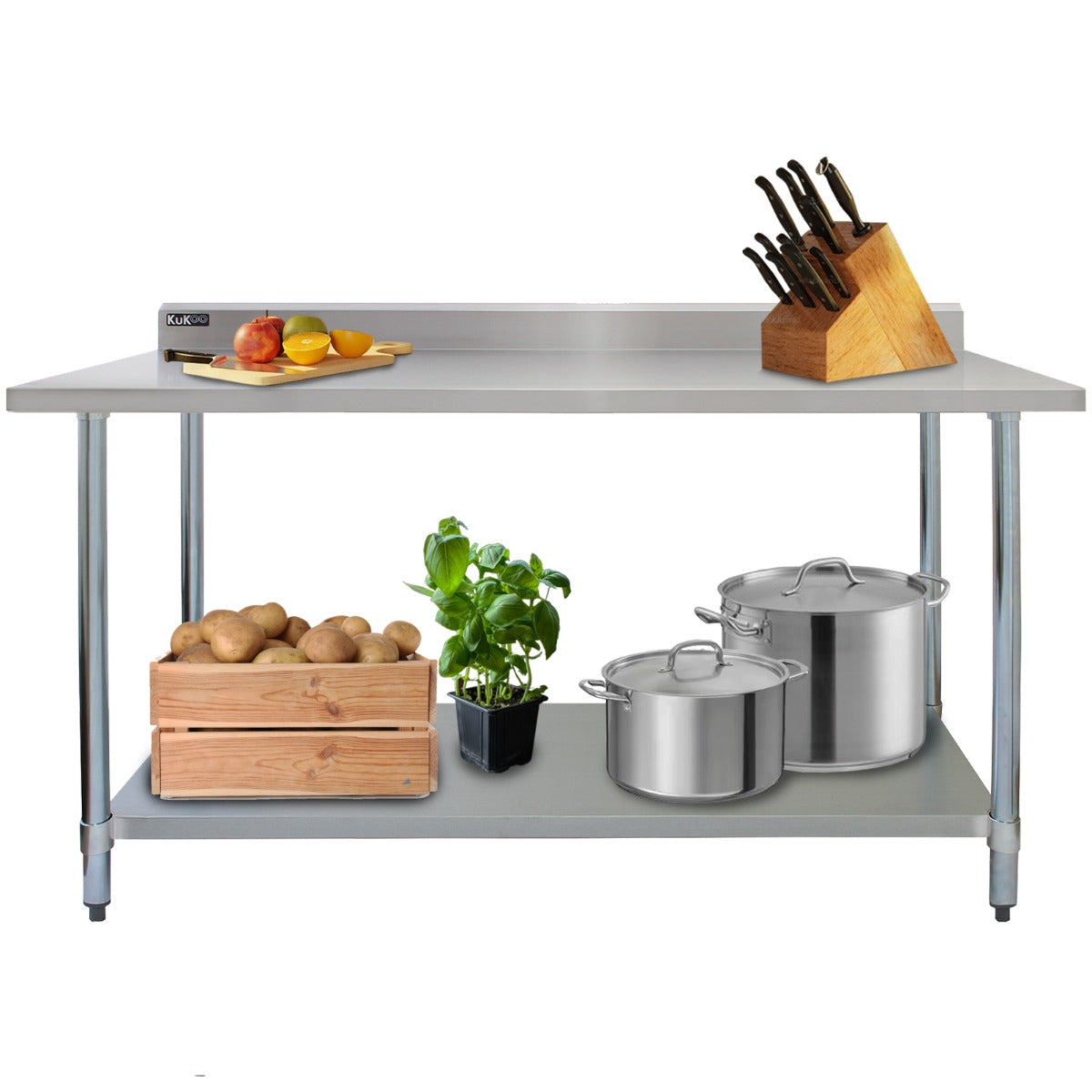 Tavolo da cucina in acciaio inox, 180x60x90cm, con superficie liscia, ripiano inferiore, pentole in acciaio e cassetto con coltelli