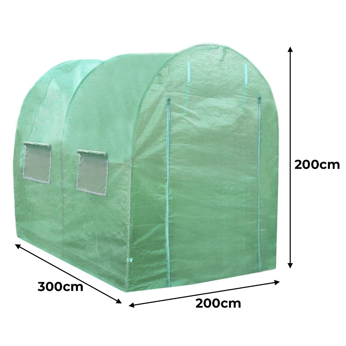 Serra da giardino a tunnel verde, 3m x 2m, con struttura in metallo e copertura in plastica, dotata di finestre per ventilazione