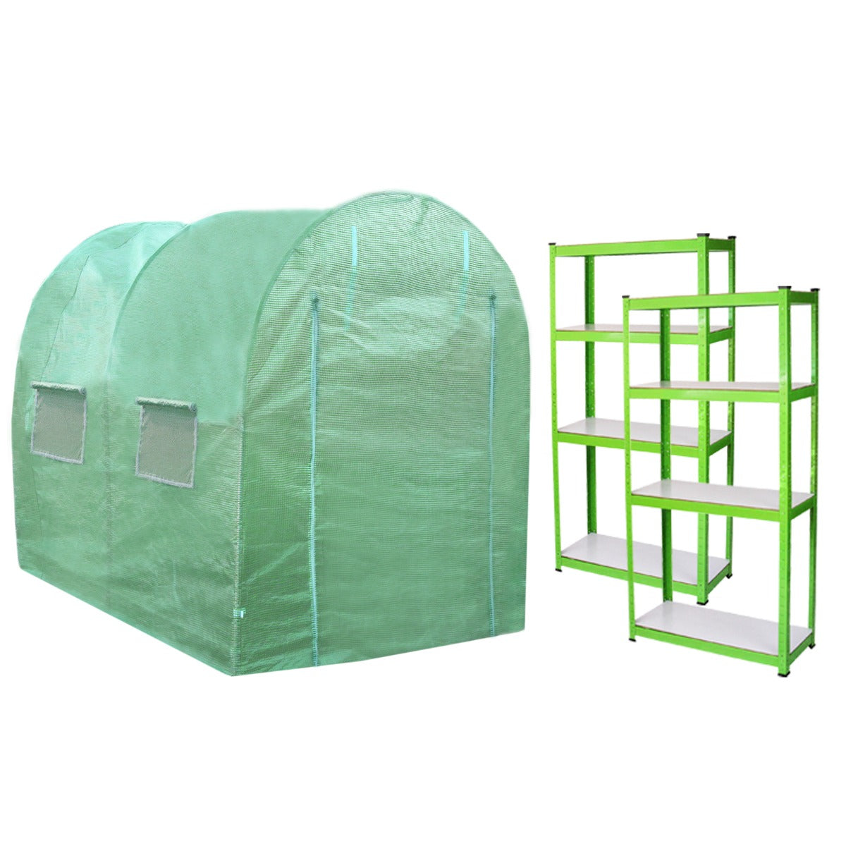 Serra da giardino a tunnel verde chiaro, 4m x 2m, con scaffali verdi e ripiani bianchi, ideale per la coltivazione di piante