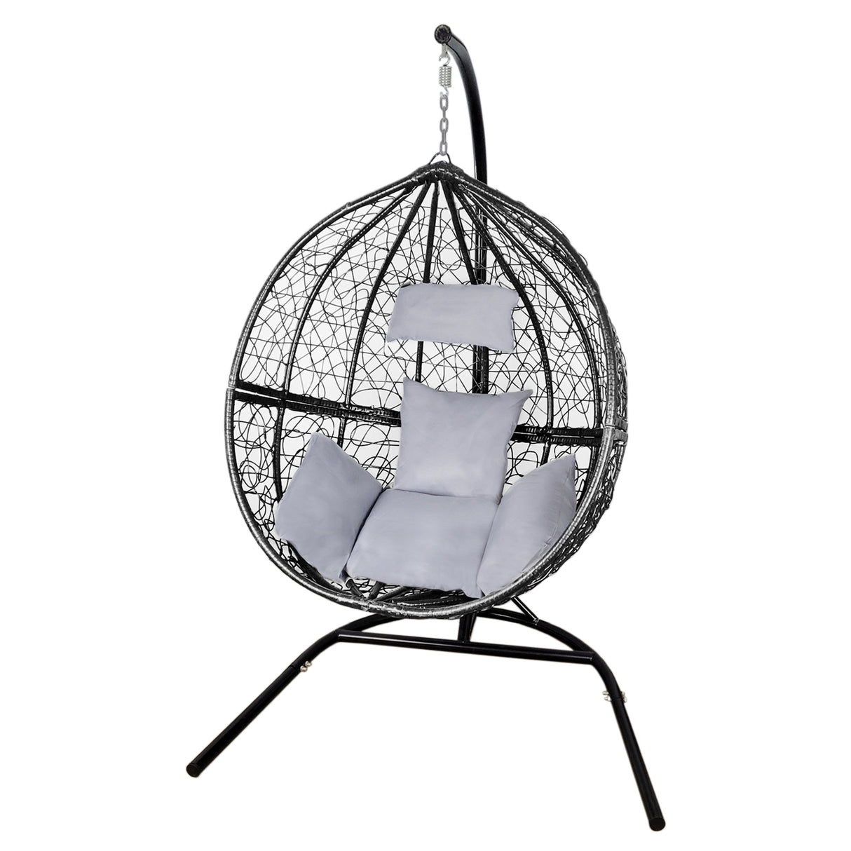 Sedia sospesa a uovo da giardino in rattan nero, con cuscini grigi, design elegante e curvo, perfetta per il relax all'aperto