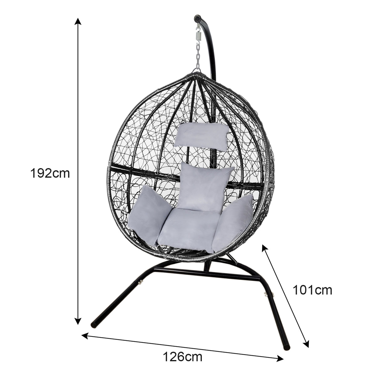 Sedia sospesa a uovo da giardino in rattan nero, con cuscini grigi, design elegante e curvo, ideale per il relax all'aperto