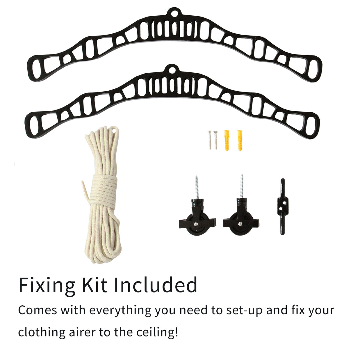 Stendibiancheria da soffitto nero, 200 cm, con kit di fissaggio, corde e viti per un'installazione facile e sicura