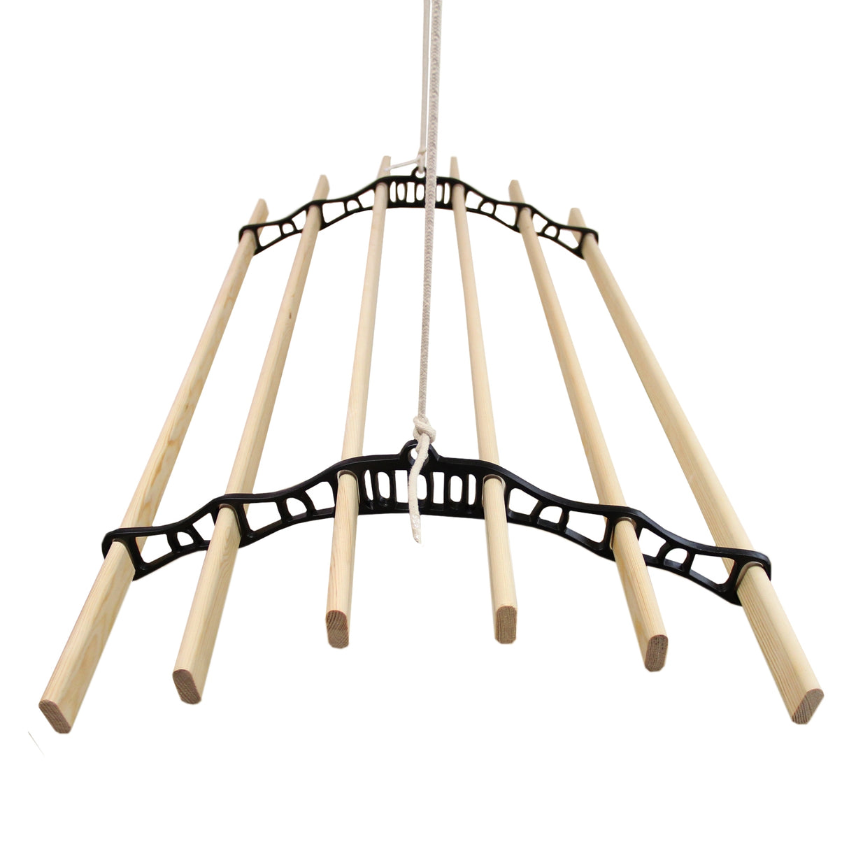 Stendibiancheria da soffitto nero con barre in legno chiaro, design robusto e funzionale, ideale per asciugare i vestiti in spazi ridotti
