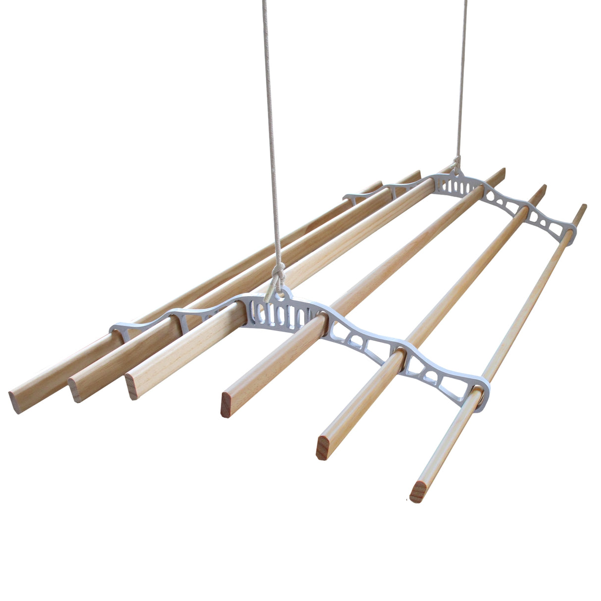 Stendibiancheria da soffitto bianco, con barre in legno chiaro e supporti in plastica, ideale per ottimizzare lo spazio di asciugatura