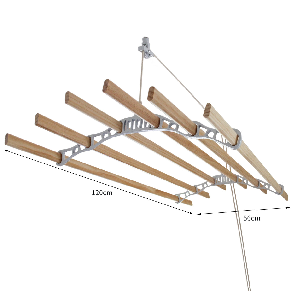 Stendibiancheria da soffitto bianco con barre in legno, misura 120cm, design pratico e moderno per asciugare i vestiti in casa