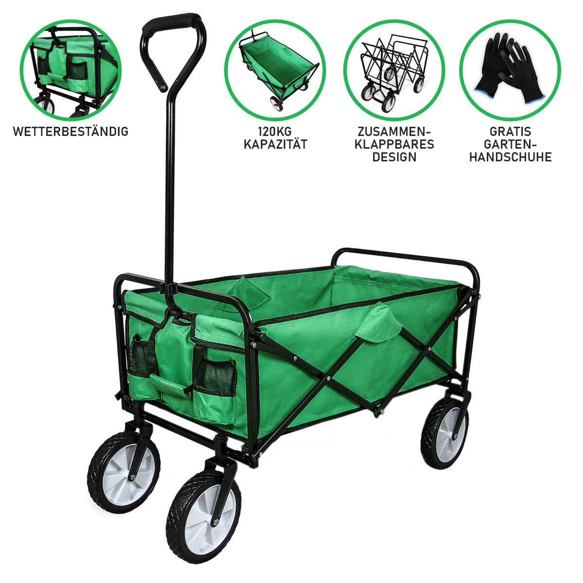 Carrello da giardino pieghevole verde con struttura nera, ruote robuste e capacità di carico di 120 kg, ideale per giardinaggio e camping
