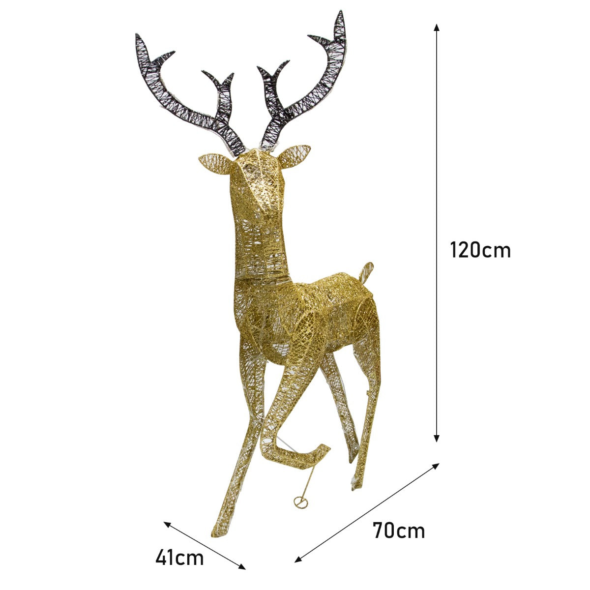 Renna di Natale luminosa in oro, con corna intricate e corpo decorato, alta 120 cm, ideale per decorazioni festive eleganti