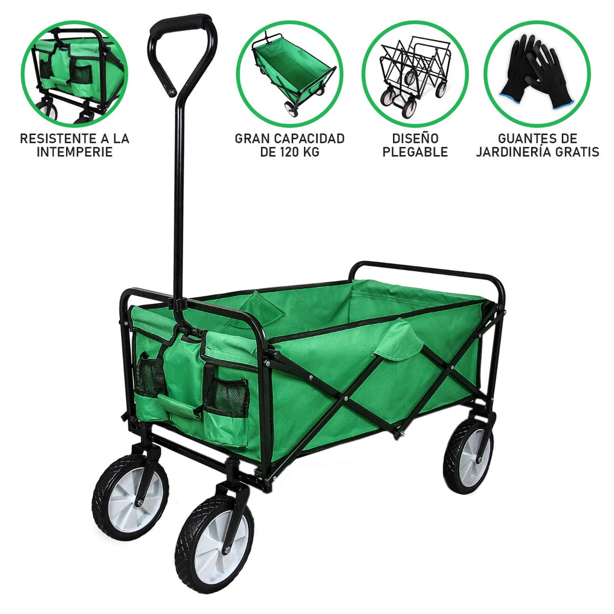Carrello da giardino pieghevole verde con telaio nero, ruote robuste, capacità di 120 kg, ideale per giardinaggio e camping
