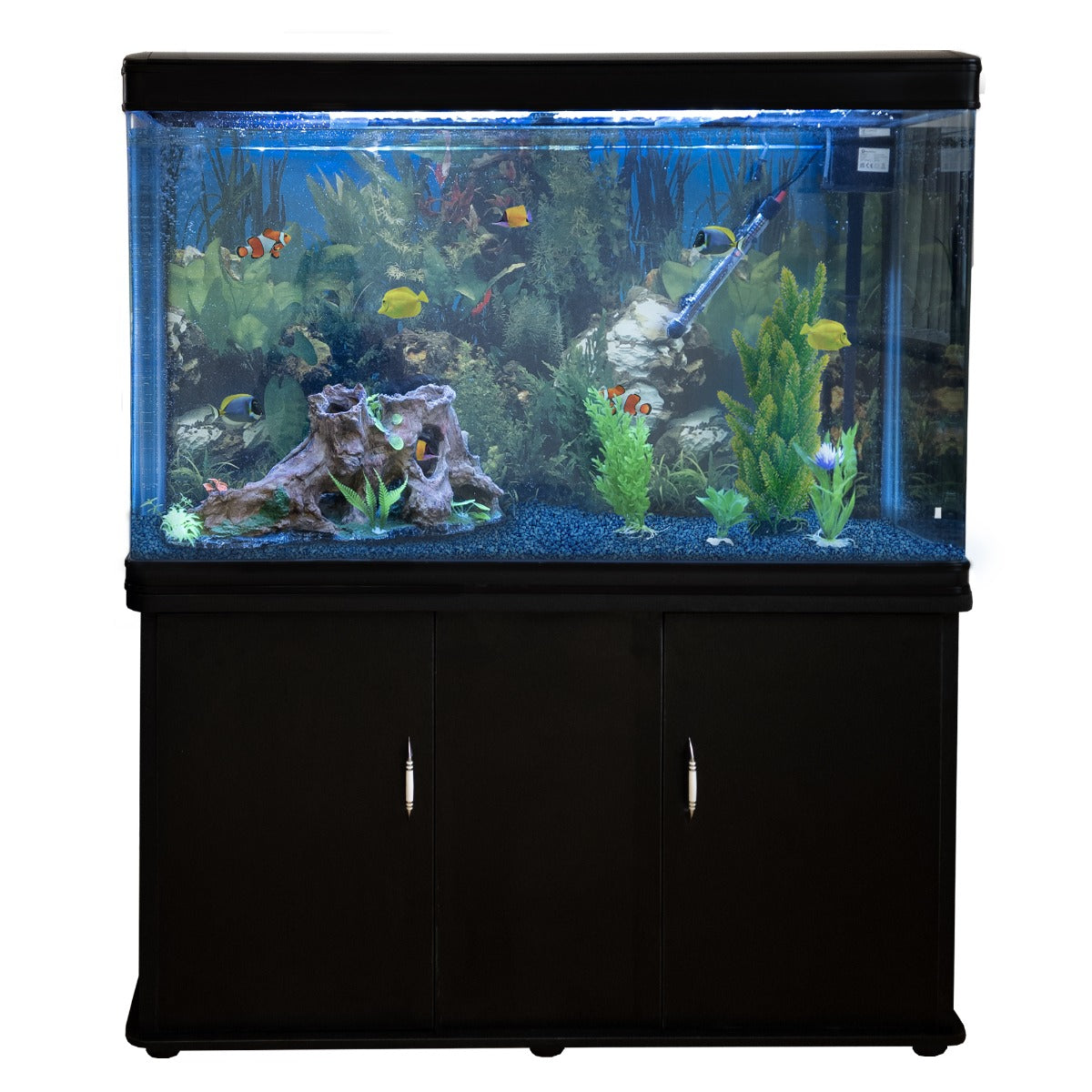Acquario 300 Litri con Mobile Nero e Kit con Piante e Ghiaia Blu
