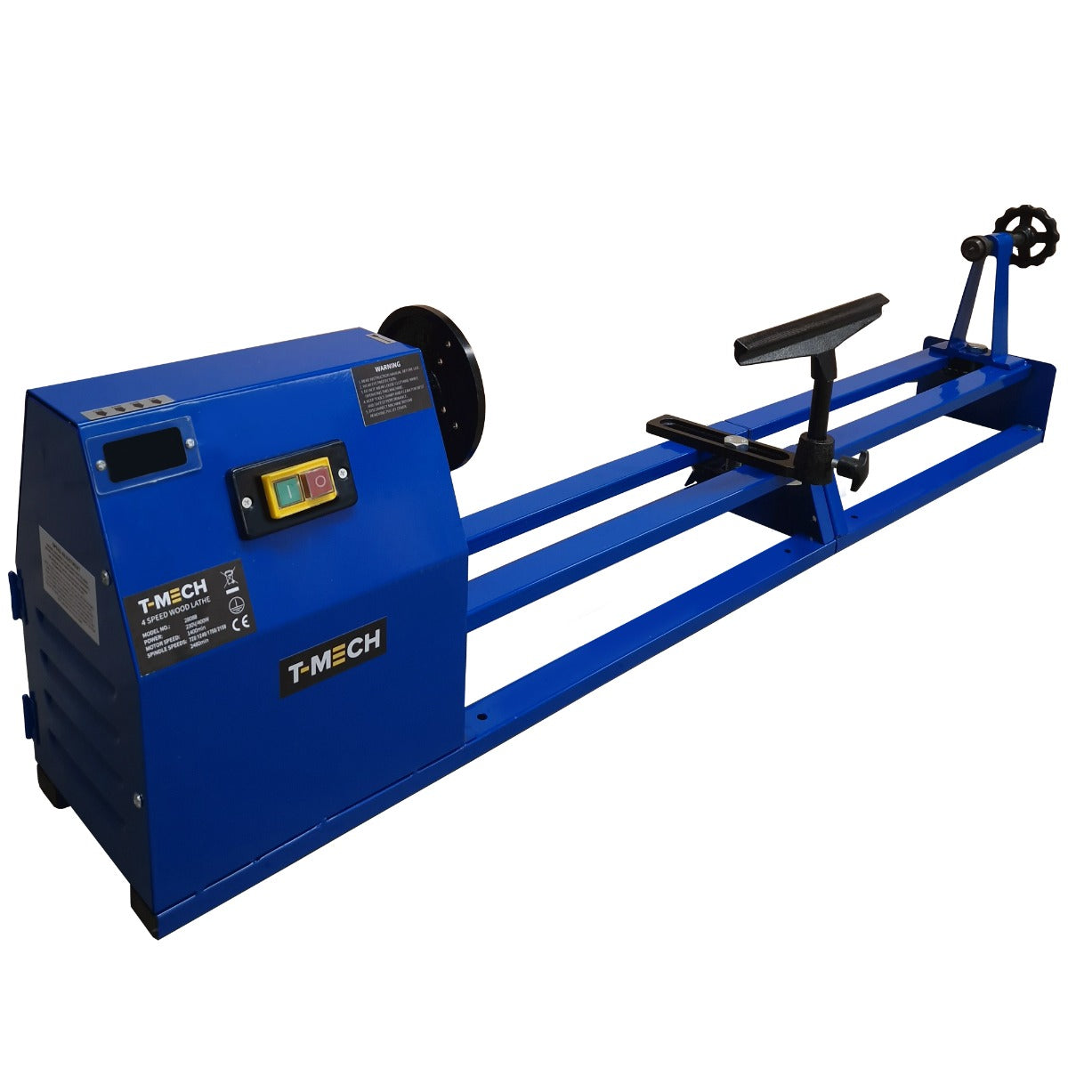 Tornio da legno T-Mech di colore blu, con struttura robusta, manovella e pannello di controllo per lavorazioni precise e professionali