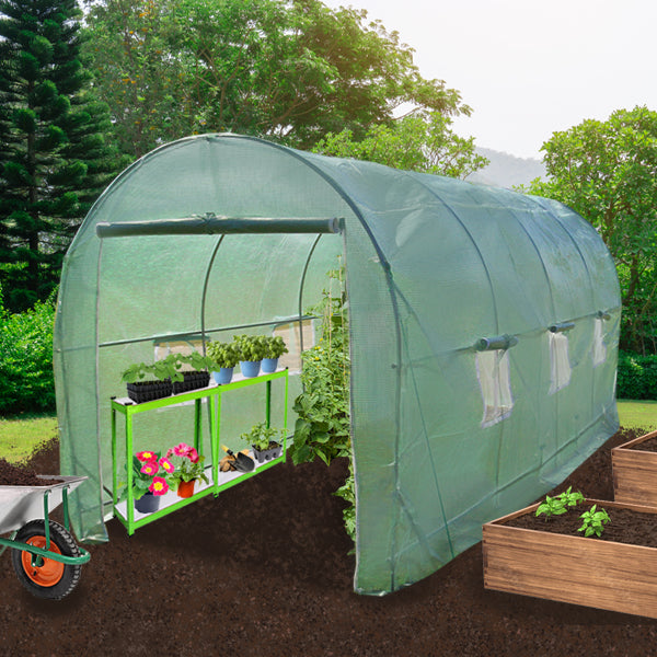 Serra da giardino a tunnel verde, 6m x 3m, con scaffali per piante, circondata da vegetazione e terreno fertile, ideale per orto