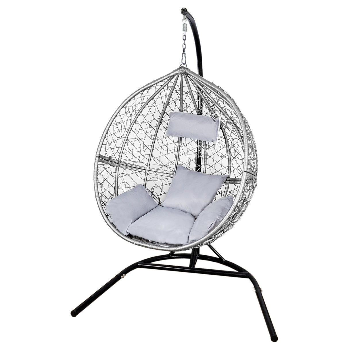 Sedia sospesa a uovo da giardino in rattan grigio con struttura nera, cuscini morbidi e design elegante per il relax all'aperto
