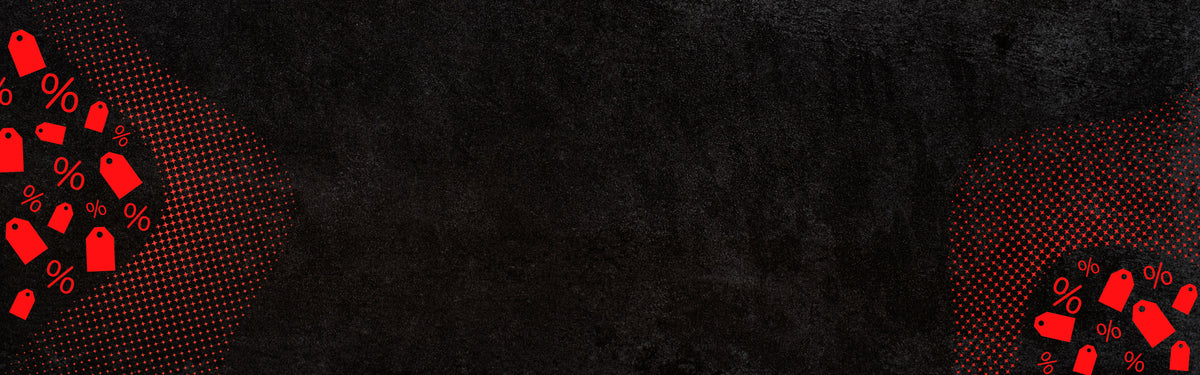 Sfondo nero con texture grunge, decorato da etichette rosse con simboli di percentuale, ideale per promozioni e sconti