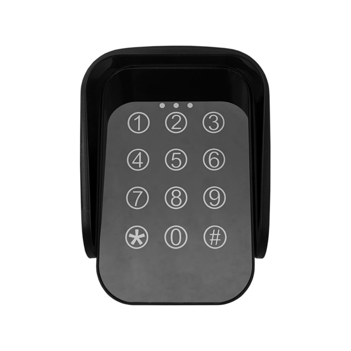 Tastiera wireless T-Mech per cancello a battente, design elegante in plastica nera, con tasti numerici bianchi e superficie liscia