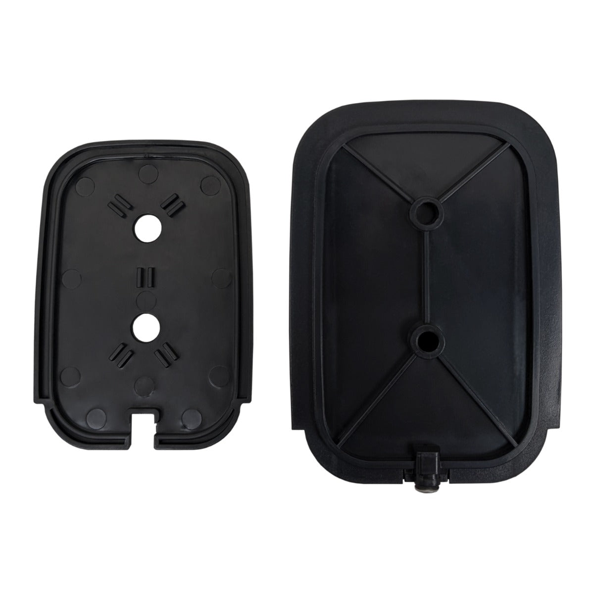 Supporto in plastica nera per tastiera wireless T-Mech, con fori per montaggio e design ergonomico per apertura cancello a battente