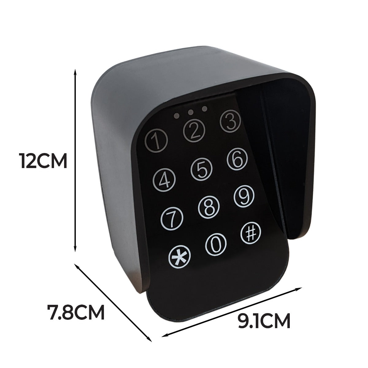 Tastiera wireless per cancello a battente T-Mech, design elegante in plastica nera, tasti retroilluminati, dimensioni compatte