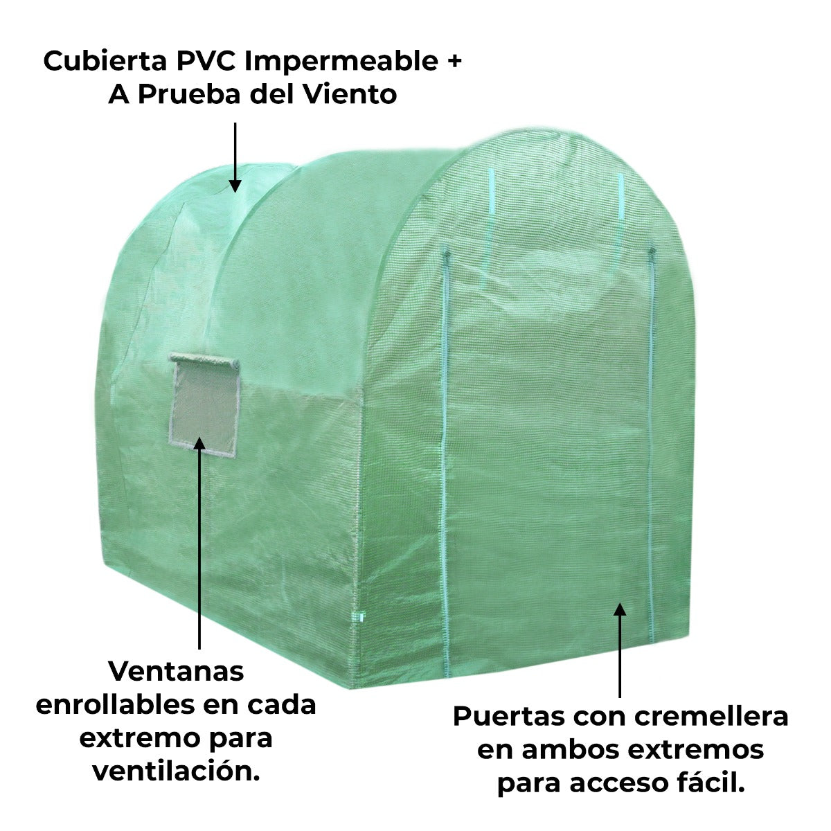 Serra da giardino a tunnel in PVC verde impermeabile, con finestre arrotolabili e porte con cerniera per facile accesso e ventilazione