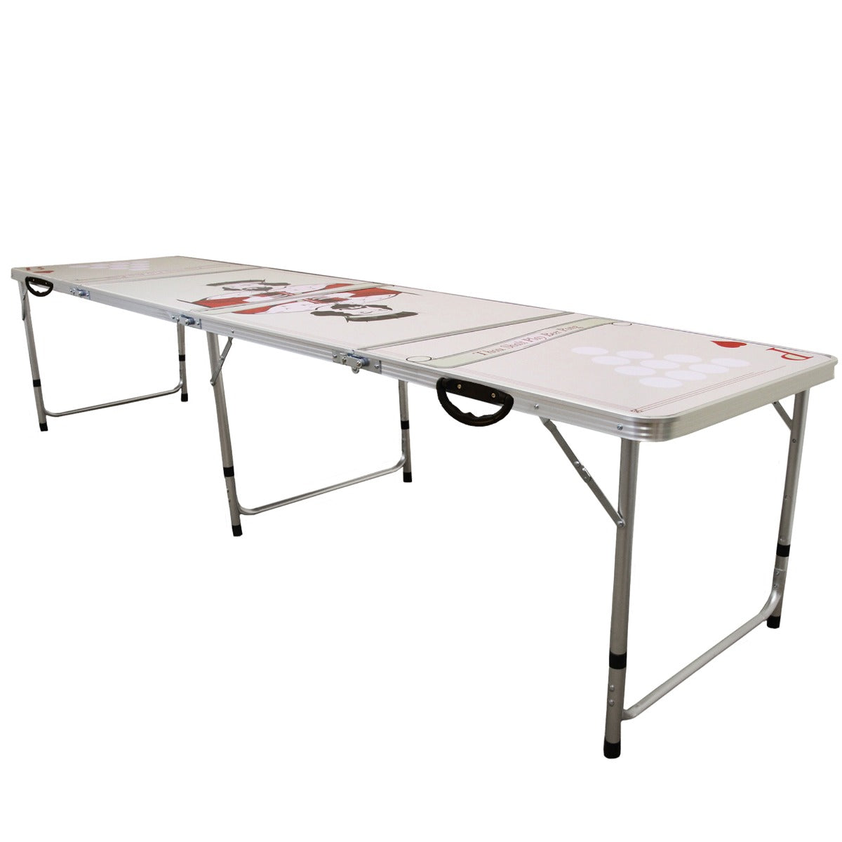 Tavolo da birra pong pieghevole in alluminio, superficie bianca con grafica colorata, ideale per feste e giochi all'aperto