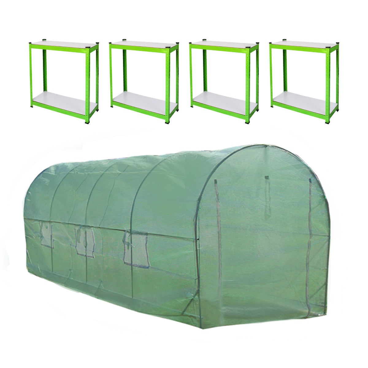 Serra da giardino a tunnel verde traslucido, 6m x 3m, con scaffali metallici verdi e ripiani bianchi in plastica resistente