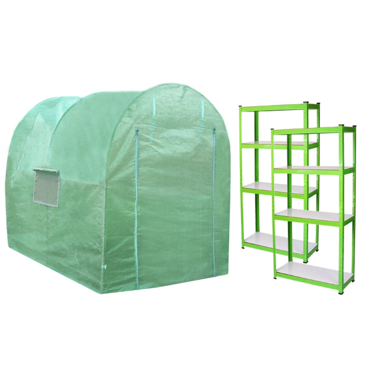 Serra da giardino a tunnel verde chiaro, 4m x 2m, con scaffali verdi e ripiani bianchi, ideale per piante e ortaggi