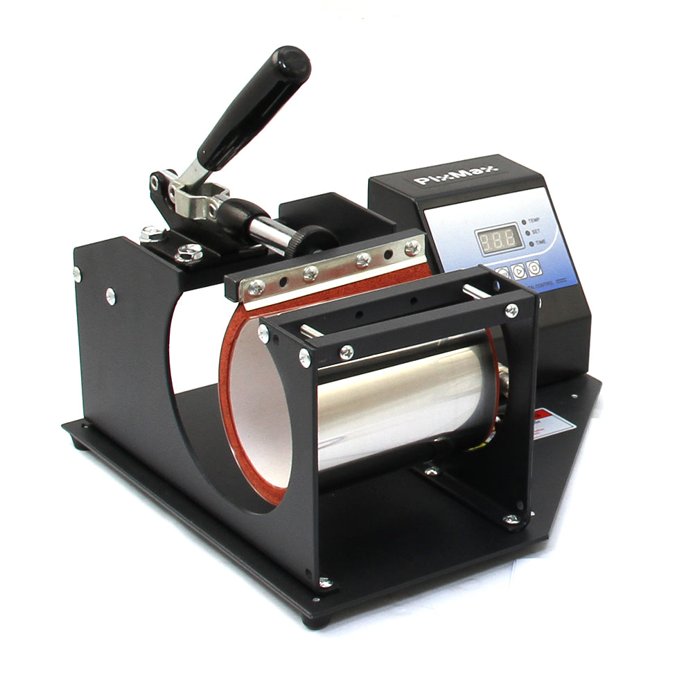 Pressa a caldo per sublimazione su tazze, con struttura nera, display digitale, maniglia ergonomica e cinque morsetti per diverse dimensioni