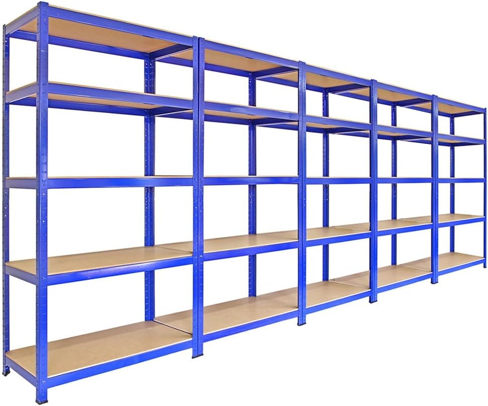 Scaffale da garage ad incastro T-Rax blu, 90cm x 45cm, con cinque ripiani in legno e struttura metallica robusta e resistente