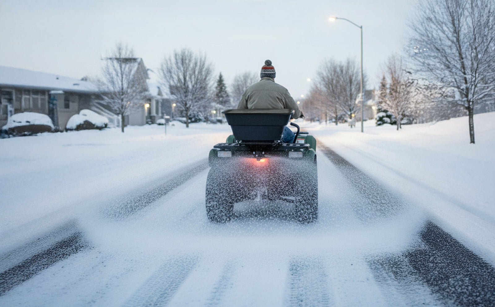 Un ATV verde con un uomo che spande concime su una strada innevata, circondato da alberi e case in un paesaggio invernale sereno