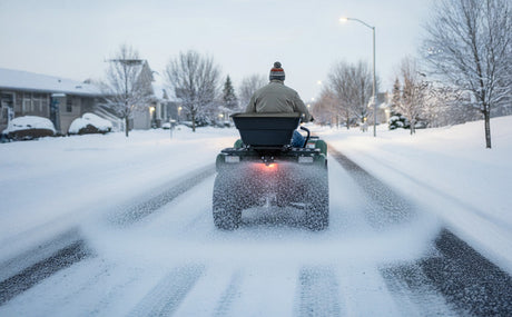 Un ATV verde con un uomo che spande concime su una strada innevata, circondato da alberi e case in un paesaggio invernale sereno