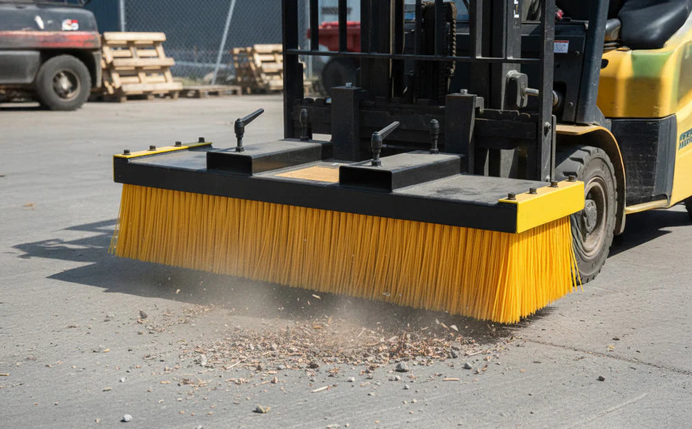 Spazzola gialla per muletto in azione, pulendo il pavimento da detriti, con setole lunghe e robuste per una pulizia efficace