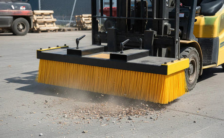 Spazzola gialla per muletto in azione, pulendo il pavimento da detriti, con setole lunghe e robuste per una pulizia efficace