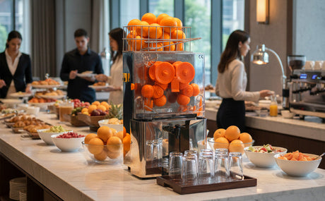 Spremiagrumi professionale argentato con arance fresche, circondato da piatti di cibo e bevande in un ambiente elegante e luminoso