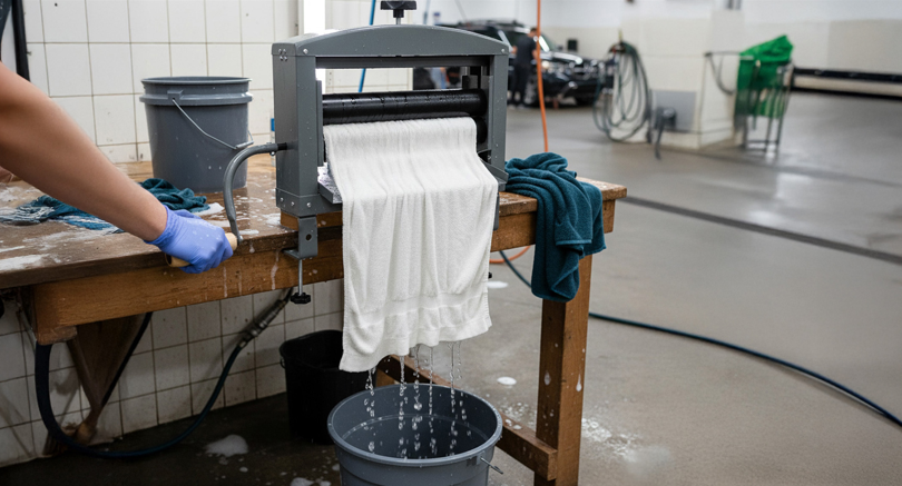 Strizzatore manuale in uso, con un panno bianco che gocciola acqua, su un tavolo di legno in un ambiente di lavoro pulito e luminoso