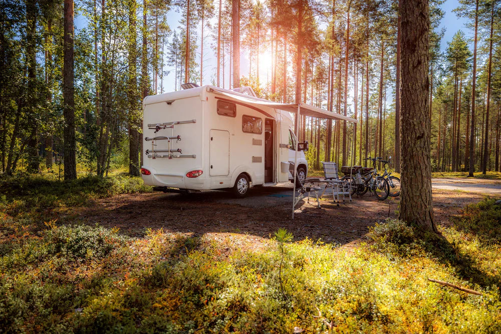 Camper bianco parcheggiato in un bosco, circondato da alberi, con biciclette e sedie all'aperto sotto un sole splendente